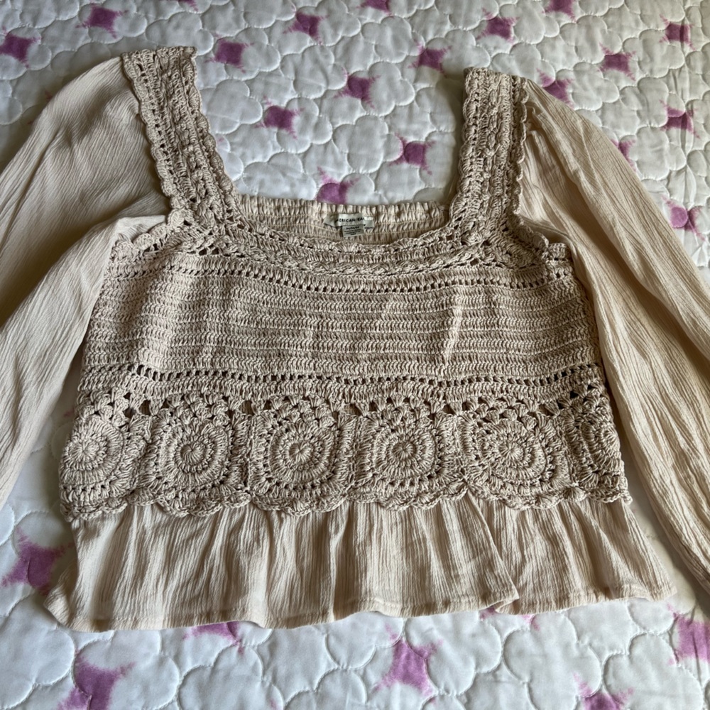 American Eagle Outfitters Cottagecore Crochet Cropped Top Cream Women’s Medium